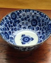 blue and white noodle bowl