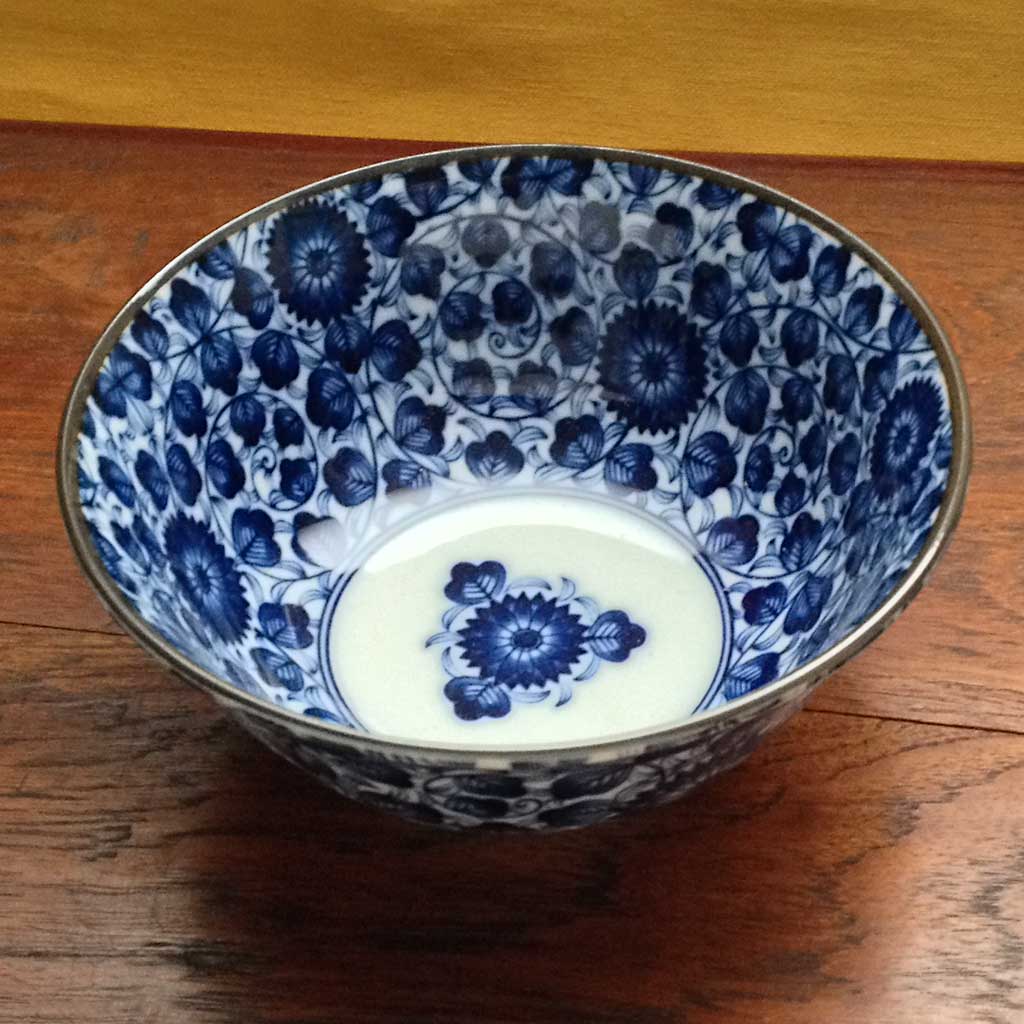 blue and white noodle bowl